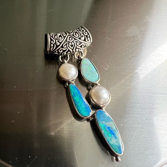 Elegant Sterling Silver and Blue Opals and Pearls Dangle Pendant